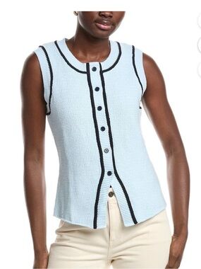French Connection Light Blue Sleeveless Button-Down Vest w/ Black  piping